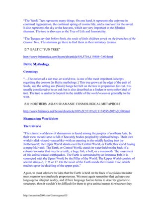 “The World Tree represents many things. On one hand, it represents the universe in
continual regeneration, the continual spring of cosmic life, and a reservoir for the saved.
It also represents the sky or the heavens, which are very important to the Siberian
shamans. The tree is also seen as the Tree of Life and Immortality.
“The Tungus say that before birth, the souls of little children perch on the branches of the
Cosmic Tree. The shamans go there to find them in their initiatory dreams.
15.7 BALTIC “SUN TREE”
http://www.britannica.com/bcom/eb/article/8/0,5716,119808+3,00.html

Baltic Mythology
Cosmology
“…The notion of a sun tree, or world tree, is one of the most important concepts
regarding the cosmos [in Baltic mythology.] This tree grows at the edge of the path of
Saule, and the setting sun (Saule) hangs her belt on the tree in preparation for rest. It is
usually considered to be an oak but is also described as a linden or some other kind of
tree. The tree is said to be located in the middle of the world ocean or generally to the
west.
15.8 NORTHERN ASIAN SHAMANIC COSMOLOGICAL METAPHORS
http://www.britanica.net/bcom/eb/article/9/0%2C5716%2C117459%203%2C00.html

Shamanism Worldview
The Universe
“The classic worldview of shamanism is found among the peoples of northern Asia. In
their view the universe is full of heavenly bodies peopled by spiritual beings. Their own
world is disk-shaped--saucerlike--with an opening in the middle leading into the
Netherworld; the Upper World stands over the Central World, or Earth, this world having
a manyfold vault. The Earth, or Central World, stands in water held on the back of a
colossal monster that may be a turtle, a huge fish, a bull, or a mammoth. The movement
of this animal causes earthquakes. The Earth is surrounded by an immense belt. It is
connected with the Upper World by the Pillar of the World. The Upper World consists of
several strata--3, 7, 9, or 17. On the navel of the Earth stands the Cosmic Tree, which
reaches up to the dwelling of the upper gods.”
Again, to most scholars the idea that the Earth is held on the back of a colossal monster
must seem to be completely preposterous. We must again remember that cultures use
language to interpret reality, and if their language had no terms to describe geometric
structures, then it wouldn’t be difficult for them to give animal names to whatever they

http://ascension2000.com/ConvergenceIII/

 