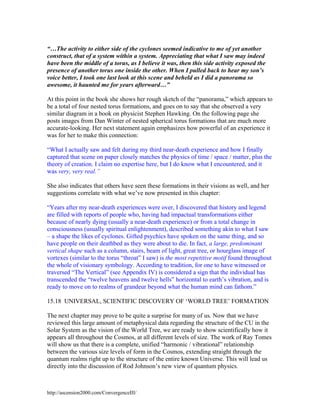 “…The activity to either side of the cyclones seemed indicative to me of yet another
construct, that of a system within a system. Appreciating that what I saw may indeed
have been the middle of a torus, as I believe it was, then this side activity exposed the
presence of another torus one inside the other. When I pulled back to hear my son’s
voice better, I took one last look at this scene and beheld as I did a panorama so
awesome, it haunted me for years afterward…”
At this point in the book she shows her rough sketch of the “panorama,” which appears to
be a total of four nested torus formations, and goes on to say that she observed a very
similar diagram in a book on physicist Stephen Hawking. On the following page she
posts images from Dan Winter of nested spherical torus formations that are much more
accurate-looking. Her next statement again emphasizes how powerful of an experience it
was for her to make this connection:
“What I actually saw and felt during my third near-death experience and how I finally
captured that scene on paper closely matches the physics of time / space / matter, plus the
theory of creation. I claim no expertise here, but I do know what I encountered, and it
was very, very real.”
She also indicates that others have seen these formations in their visions as well, and her
suggestions correlate with what we’ve now presented in this chapter:
“Years after my near-death experiences were over, I discovered that history and legend
are filled with reports of people who, having had impactual transformations either
because of nearly dying (usually a near-death experience) or from a total change in
consciousness (usually spiritual enlightenment), described something akin to what I saw
– a shape the likes of cyclones. Gifted psychics have spoken on the same thing, and so
have people on their deathbed as they were about to die. In fact, a large, predominant
vertical shape such as a column, stairs, beam of light, great tree, or hourglass image of
vortexes (similar to the torus “throat” I saw) is the most repetitive motif found throughout
the whole of visionary symbology. According to tradition, for one to have witnessed or
traversed “The Vertical” (see Appendix IV) is considered a sign that the individual has
transcended the “twelve heavens and twelve hells” horizontal to earth’s vibration, and is
ready to move on to realms of grandeur beyond what the human mind can fathom.”
15.18 UNIVERSAL, SCIENTIFIC DISCOVERY OF ‘WORLD TREE’ FORMATION
The next chapter may prove to be quite a surprise for many of us. Now that we have
reviewed this large amount of metaphysical data regarding the structure of the CU in the
Solar System as the vision of the World Tree, we are ready to show scientifically how it
appears all throughout the Cosmos, at all different levels of size. The work of Ray Tomes
will show us that there is a complete, unified “harmonic / vibrational” relationship
between the various size levels of form in the Cosmos, extending straight through the
quantum realms right up to the structure of the entire known Universe. This will lead us
directly into the discussion of Rod Johnson’s new view of quantum physics.

http://ascension2000.com/ConvergenceIII/

 