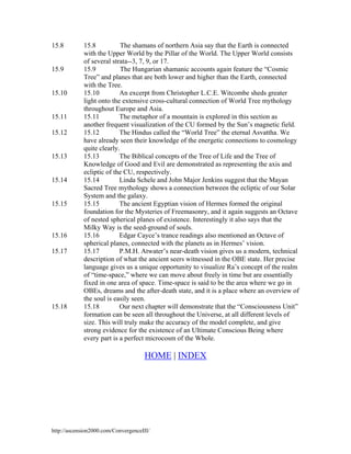 15.8

15.9

15.10

15.11
15.12

15.13

15.14

15.15

15.16
15.17

15.18

15.8
The shamans of northern Asia say that the Earth is connected
with the Upper World by the Pillar of the World. The Upper World consists
of several strata--3, 7, 9, or 17.
The Hungarian shamanic accounts again feature the “Cosmic
15.9
Tree” and planes that are both lower and higher than the Earth, connected
with the Tree.
15.10
An excerpt from Christopher L.C.E. Witcombe sheds greater
light onto the extensive cross-cultural connection of World Tree mythology
throughout Europe and Asia.
15.11
The metaphor of a mountain is explored in this section as
another frequent visualization of the CU formed by the Sun’s magnetic field.
15.12
The Hindus called the “World Tree” the eternal Asvattha. We
have already seen their knowledge of the energetic connections to cosmology
quite clearly.
15.13
The Biblical concepts of the Tree of Life and the Tree of
Knowledge of Good and Evil are demonstrated as representing the axis and
ecliptic of the CU, respectively.
15.14
Linda Schele and John Major Jenkins suggest that the Mayan
Sacred Tree mythology shows a connection between the ecliptic of our Solar
System and the galaxy.
15.15
The ancient Egyptian vision of Hermes formed the original
foundation for the Mysteries of Freemasonry, and it again suggests an Octave
of nested spherical planes of existence. Interestingly it also says that the
Milky Way is the seed-ground of souls.
15.16
Edgar Cayce’s trance readings also mentioned an Octave of
spherical planes, connected with the planets as in Hermes’ vision.
15.17
P.M.H. Atwater’s near-death vision gives us a modern, technical
description of what the ancient seers witnessed in the OBE state. Her precise
language gives us a unique opportunity to visualize Ra’s concept of the realm
of “time-space,” where we can move about freely in time but are essentially
fixed in one area of space. Time-space is said to be the area where we go in
OBEs, dreams and the after-death state, and it is a place where an overview of
the soul is easily seen.
Our next chapter will demonstrate that the “Consciousness Unit”
15.18
formation can be seen all throughout the Universe, at all different levels of
size. This will truly make the accuracy of the model complete, and give
strong evidence for the existence of an Ultimate Conscious Being where
every part is a perfect microcosm of the Whole.

HOME | INDEX

http://ascension2000.com/ConvergenceIII/

 