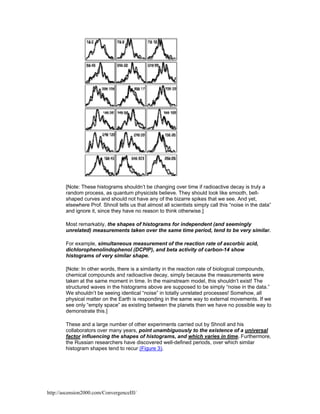 [Note: These histograms shouldn’t be changing over time if radioactive decay is truly a
random process, as quantum physicists believe. They should look like smooth, bellshaped curves and should not have any of the bizarre spikes that we see. And yet,
elsewhere Prof. Shnoll tells us that almost all scientists simply call this “noise in the data”
and ignore it, since they have no reason to think otherwise.]
Most remarkably, the shapes of histograms for independent (and seemingly
unrelated) measurements taken over the same time period, tend to be very similar.
For example, simultaneous measurement of the reaction rate of ascorbic acid,
dichlorophenolindophenol (DCPIP), and beta activity of carbon-14 show
histograms of very similar shape.
[Note: In other words, there is a similarity in the reaction rate of biological compounds,
chemical compounds and radioactive decay, simply because the measurements were
taken at the same moment in time. In the mainstream model, this shouldn’t exist! The
structured waves in the histograms above are supposed to be simply “noise in the data.”
We shouldn’t be seeing identical “noise” in totally unrelated processes! Somehow, all
physical matter on the Earth is responding in the same way to external movements. If we
see only “empty space” as existing between the planets then we have no possible way to
demonstrate this.]
These and a large number of other experiments carried out by Shnoll and his
collaborators over many years, point unambiguously to the existence of a universal
factor influencing the shapes of histograms, and which varies in time. Furthermore,
the Russian researchers have discovered well-defined periods, over which similar
histogram shapes tend to recur (Figure 3).

http://ascension2000.com/ConvergenceIII/

 