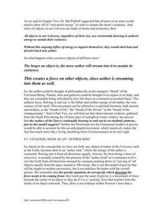 As we said in Chapter Two, Dr. Hal Puthoff suggested that all parts of an atom would
need to draw off of “zero-point energy” in order to sustain the atom’s existence. And
since all objects in our Universe are made of atoms and molecules, then:
All objects in our Universe, regardless of their size, are consistently drawing in aetheric
energy to sustain their existence.
Without this ongoing influx of energy to support themselves, they would shed heat and
dissolve back into aether.
So what happens when you have objects of different sizes?

The larger an object is, the more aether will stream into it to sustain its
existence.

This creates a force on other objects, since aether is streaming
into them as well.
So, the aether could be thought of philosophically as the energetic “blood” of the
Universal Being. Planets, stars and galaxies could be thought of as organs in its body, and
they are constantly being refreshed by new life-force on a moment-to-moment basis. This
aetheric force, flowing in and out, is the father and mother energy of all matter, the very
essence of life itself. This movement can be referred to in spiritual literature, both ancient
and modern, as the “breath of life,” the “breath of the Divine” or the “breath of the
compassionate.” And in Part Two, we will find out that observational evidence, gathered
from the South Pole during the 24-hour days of sunlight at winter solstice, has proven
that the surface of the Sun is continually heaving in and out in set rhythmic patterns,
just as this model suggests! Neither the Newtonian nor the Einsteinian models of gravity
would be able to account for this un-anticipated movement, which intuitively makes the
Sun feel much more like a living, breathing form of consciousness in its own right.
4.7 CELESTIAL MASS AS AN “AETHER SINK”
So, based on the concept that we have set forth, any object of matter in the Universe, such
as the Earth, becomes akin to an “aether sink,” where the energy of the aether is
constantly flowing into it from all directions equally. Gravity, far from being a force of
attraction, is actually created by the pressure of the "aether wind" as it continues to flow
into the Earth from all directions moment by moment, pushing down or "curving in" all
objects equally from the space around it. Obviously, this is not the model of gravity that
will be taught in modern universities, but it nevertheless fits better with the overall
picture. We remember that the gravity equations do not specify which direction the
force needs to be coming from; they work just the same if gravity is a movement of force
towards the center of an object as they do if it is a ‘sucking’ force that reaches from the
inside of an object outwards. Thus, there is no evidence within Newton’s laws that a

http://ascension2000.com/ConvergenceIII/

 