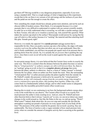 get them off? Driving would be a very dangerous proposition, especially if you were
using a standard shift. That is a rough analogy of what is happening in this experiment,
except that in the car there is no vacuum of air and energy and the surfaces of your shoe
and the pedal are not flat enough to create the effect.
Now something this simple should have already gotten more attention, and not be such an
obscure tidbit of modern science. Most likely, it is not popular because it is a total
anomaly that is very difficult to understand or explain with our current scientific models.
In order for us to truly understand what is occurring, we will take a similar analogy cited
by Ross Tessien, who asks us to visualize a suction cup. Ask yourself this question: What
makes the suction cup attach to the surface? Most people would answer by saying that the
cup will stick to a flat surface because it is "sucking" the material and thus attaching itself
like glue. Sounds good, right?
However, it is totally the opposite! It is outside pressure and not suction that is
responsible for this. Once you push a suction cup onto a flat surface, the edges will make
a perfect seal over the surface that does not allow any air to get underneath. Once this
seal is firmly established, you still have ten pounds per square inch of air pressure that is
pushing down from the outside. So, it is actually the air pressure that is pushing the cup
down, since there is now no air left on the inside to push against the cup in the opposite
direction.
In zero-point energy theory, it is now believed that the Casimir force works in exactly the
same way. This force is created when the distance between the plates becomes so narrow
that no "virtual particles" or aetheric energies are able to fit between them. So, there is
no "sucking" going on at all; in fact it is a complete absence of energy that exists
between the plates, aetheric or otherwise. And so, a form of "aether vacuum" is formed
between the two plates, where no aether can flow inside the crack. Then, the surrounding
"virtual particle flux" or aether pressure pushes the plates together from the outside! In
Dr. Puthoff’s model, this pressure is believed to be caused by the “virtual particles”
themselves, as they will continually emerge from the zero-point energy long enough to
exert a constant force upon the plates, thus pushing them together. Either way, it all
comes back to a fundamentally aetheric design, and no other model seems to adequately
explain why this incredibly powerful Casimir effect would occur.
Bearing this in mind, we are continuing to see how the background aetheric energy plays
a role in the world that we can observe. The Casimir effect reveals to us exactly how
much pressure the aether is truly exerting on us. And yet, since Dr. Puthoff and most
other theorists believe that it always "cancels out" to zero, we can never detect any major
changes in the world around us. Just like the fishes in the sea, we end up saying, "Water?
What water?" Indeed, think about this: do you ever stop and consider the fact that the
atmosphere is putting ten pounds of pressure on every square inch of your body all the
time? The pressures of the aether would be far greater, but normally speaking, they are
undetectable. The force of inertia is only a vague reminder of how much pressure truly
exists, when we consider the amount of energetic activity that is occurring at the quantum
level.

http://ascension2000.com/ConvergenceIII/

 