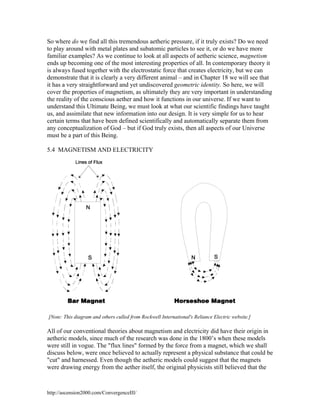 So where do we find all this tremendous aetheric pressure, if it truly exists? Do we need
to play around with metal plates and subatomic particles to see it, or do we have more
familiar examples? As we continue to look at all aspects of aetheric science, magnetism
ends up becoming one of the most interesting properties of all. In contemporary theory it
is always fused together with the electrostatic force that creates electricity, but we can
demonstrate that it is clearly a very different animal – and in Chapter 18 we will see that
it has a very straightforward and yet undiscovered geometric identity. So here, we will
cover the properties of magnetism, as ultimately they are very important in understanding
the reality of the conscious aether and how it functions in our universe. If we want to
understand this Ultimate Being, we must look at what our scientific findings have taught
us, and assimilate that new information into our design. It is very simple for us to hear
certain terms that have been defined scientifically and automatically separate them from
any conceptualization of God – but if God truly exists, then all aspects of our Universe
must be a part of this Being.
5.4 MAGNETISM AND ELECTRICITY

[Note: This diagram and others culled from Rockwell International's Reliance Electric website.]

All of our conventional theories about magnetism and electricity did have their origin in
aetheric models, since much of the research was done in the 1800’s when these models
were still in vogue. The "flux lines" formed by the force from a magnet, which we shall
discuss below, were once believed to actually represent a physical substance that could be
"cut" and harnessed. Even though the aetheric models could suggest that the magnets
were drawing energy from the aether itself, the original physicists still believed that the

http://ascension2000.com/ConvergenceIII/

 