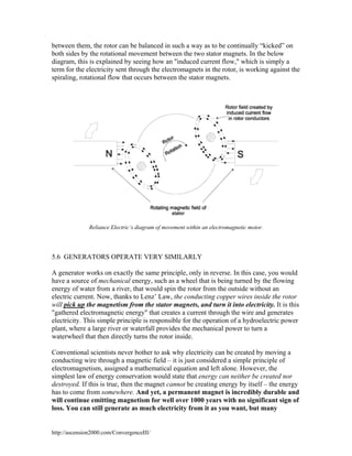 between them, the rotor can be balanced in such a way as to be continually “kicked” on
both sides by the rotational movement between the two stator magnets. In the below
diagram, this is explained by seeing how an "induced current flow," which is simply a
term for the electricity sent through the electromagnets in the rotor, is working against the
spiraling, rotational flow that occurs between the stator magnets.

Reliance Electric’s diagram of movement within an electromagnetic motor.

5.6 GENERATORS OPERATE VERY SIMILARLY
A generator works on exactly the same principle, only in reverse. In this case, you would
have a source of mechanical energy, such as a wheel that is being turned by the flowing
energy of water from a river, that would spin the rotor from the outside without an
electric current. Now, thanks to Lenz’ Law, the conducting copper wires inside the rotor
will pick up the magnetism from the stator magnets, and turn it into electricity. It is this
"gathered electromagnetic energy" that creates a current through the wire and generates
electricity. This simple principle is responsible for the operation of a hydroelectric power
plant, where a large river or waterfall provides the mechanical power to turn a
waterwheel that then directly turns the rotor inside.
Conventional scientists never bother to ask why electricity can be created by moving a
conducting wire through a magnetic field – it is just considered a simple principle of
electromagnetism, assigned a mathematical equation and left alone. However, the
simplest law of energy conservation would state that energy can neither be created nor
destroyed. If this is true, then the magnet cannot be creating energy by itself – the energy
has to come from somewhere. And yet, a permanent magnet is incredibly durable and
will continue emitting magnetism for well over 1000 years with no significant sign of
loss. You can still generate as much electricity from it as you want, but many

http://ascension2000.com/ConvergenceIII/

 