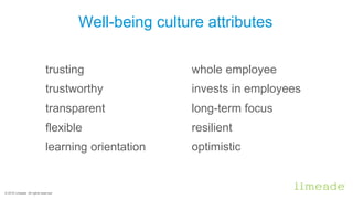 Well-being culture attributes
trusting
trustworthy
transparent
flexible
learning orientation
whole employee
invests in emp...