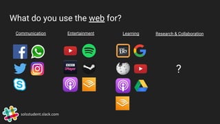 What do you use the web for?
solsstudent.slack.com
Communication Entertainment Learning Research & Collaboration
?
 
