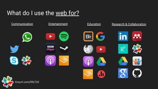 What do I use the web for?
tinyurl.com/life710
Communication Entertainment Education Research & Collaboration
 