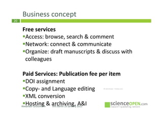 20
Business concept
Free services
Access: browse, search & comment
Network: connect & communicate
Organize: draft manuscripts & discuss with
colleagues
Paid Services: Publication fee per item
DOI assignment
Copy- and Language editing
XML conversion
Hosting & archiving, A&IAlexander Grossmann APE Berlin 19 January 2015
 