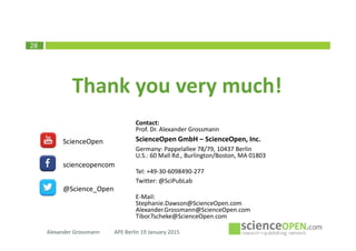 28
Some very recent highlights…
Collections: set-up and run your own
public list of most important open
access articles
Expert search: refine your search to
target relevant papers & save it
Max-Planck collaboration: Authors
which are affiliated with an MPI will
publish w/o APCs in 2015
Alexander Grossmann APE Berlin 19 January 2015
 