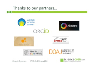 29
Some very recent highlights…
Collections: set-up and run your own
public list of most important open
access articles
Expert search: refine your search to
target relevant papers & save it
Alexander Grossmann APE Berlin 19 January 2015
 