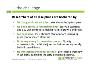 6
… the challenge
Researchers of all disciplines are bothered by
Too long publication cycles: several months up to a year.
No open access to research findings: journals segment
and pay-wall content to make it hard to browse and read.
Too expensive: their libraries cannot afford increasing
pricing for research literature.
No transparency in the review process: Quality
assessment via traditional journals is done anonymously
behind closed doors.
No interaction among researchers: print-based workflow
in scholarly publishing industry prevents discourse.
Alexander Grossmann APE Berlin 19 January 2015
 