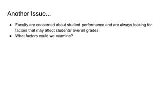 Another Issue...
● Faculty are concerned about student performance and are always looking for
factors that may affect students’ overall grades
● What factors could we examine?
 