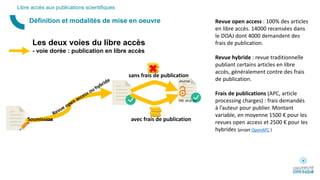 Définition et modalités de mise en oeuvre
Libre accès aux publications scientifiques
Les deux voies du libre accès
- voie dorée : publication en libre accès
Soumission
sans frais de publication
Soumission avec frais de publication
Revue open access : 100% des articles
en libre accès. 14000 recensées dans
le DOAJ dont 4000 demandent des
frais de publication.
Revue hybride : revue traditionnelle
publiant certains articles en libre
accès, généralement contre des frais
de publication.
Frais de publications (APC, article
processing charges) : frais demandés
à l’auteur pour publier. Montant
variable, en moyenne 1500 € pour les
revues open access et 2500 € pour les
hybrides (projet OpenAPC )
 