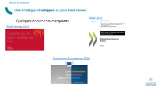 Une stratégie développée au plus haut niveau
Ouvrir la science
Quelques documents marquants
Royal Society 2012
Commission Européenne 2016
OCDE 2015
 