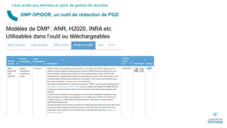 Modèles de DMP : ANR, H2020, INRA etc
Utilisables dans l’outil ou téléchargeables
DMP OPIDOR, un outil de rédaction de PGD
Libre accès aux données et plans de gestion de données
 
