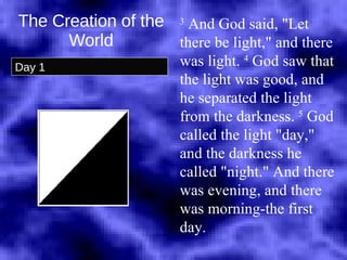 The Creation of the World Day 1 3  And God said, "Let there be light," and there was light.  4  God saw that the light was good, and he separated the light from the darkness.  5  God called the light "day," and the darkness he called "night." And there was evening, and there was morning-the first day. 