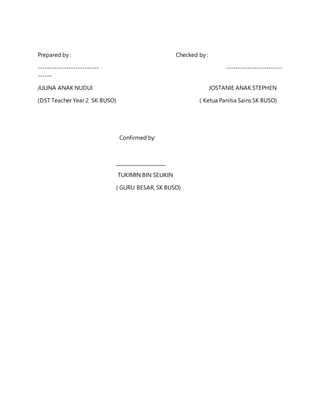 Prepared by : Checked by :
-------------------------- ------------------------
------
JULINA ANAK NUDUI JOSTANIE ANAK STEPHEN
(DST Teacher Year 2 SK BUSO) ( Ketua Panitia Sains SK BUSO)
Confirmed by:
_____________________
TUKIMIN BIN SELIKIN
( GURU BESAR, SK BUSO)
 