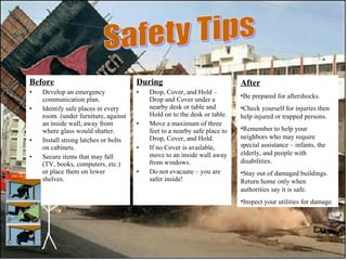 Before Develop an emergency communication plan.  Identify safe places in every room. (under furniture, against an inside wall, away from where glass would shatter.  Install strong latches or bolts on cabinets. Secure items that may fall (TV, books, computers, etc.) or place them on lower shelves. During Drop, Cover, and Hold – Drop and Cover under a nearby desk or table and Hold on to the desk or table.  Move a maximum of three feet to a nearby safe place to Drop, Cover, and Hold. If no Cover is available, move to an inside wall away from windows. Do not evacuate – you are safer inside! After Be prepared for aftershocks. Check yourself for injuries then help injured or trapped persons. Remember to help your neighbors who may require special assistance – infants, the elderly, and people with disabilities. Stay out of damaged buildings. Return home only when authorities say it is safe. Inspect your utilities for damage. Safety Tips 