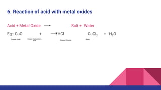 6. Reaction of acid with metal oxides
Acid + Metal Oxide Salt + Water
Eg:- CuO + 2HCl CuCl2 + H2O
Copper Oxide Diluted Hydrochloric
acid Copper Chloride
Water
 