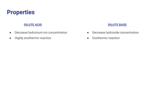 Properties
DILUTE ACID
● Decrease hydronium ion concentration
● Highly exothermic reaction
DILUTE BASE
● Decrease hydroxide concentration
● Exothermic reaction
 