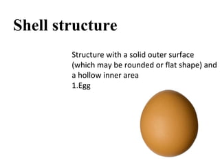 Shell structure Structure with a solid outer surface (which may be rounded or flat shape) and a hollow inner area  1.Egg  