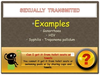 •Examples
          • Gonorrhoea
              • HIV
• Syphilis - Treponema pallidum
 