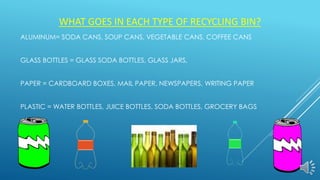 WHAT GOES IN EACH TYPE OF RECYCLING BIN?
ALUMINUM= SODA CANS, SOUP CANS, VEGETABLE CANS, COFFEE CANS
GLASS BOTTLES = GLASS SODA BOTTLES, GLASS JARS,
PAPER = CARDBOARD BOXES, MAIL PAPER, NEWSPAPERS, WRITING PAPER
PLASTIC = WATER BOTTLES, JUICE BOTTLES, SODA BOTTLES, GROCERY BAGS
 