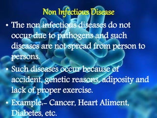 Non Infectious Disease
• The non infectious diseases do not
occur due to pathogens and such
diseases are not spread from person to
persons.
• Such diseases occur because of
accident, genetic reasons, adiposity and
lack of proper exercise.
• Example:- Cancer, Heart Aliment,
Diabetes, etc.
 
