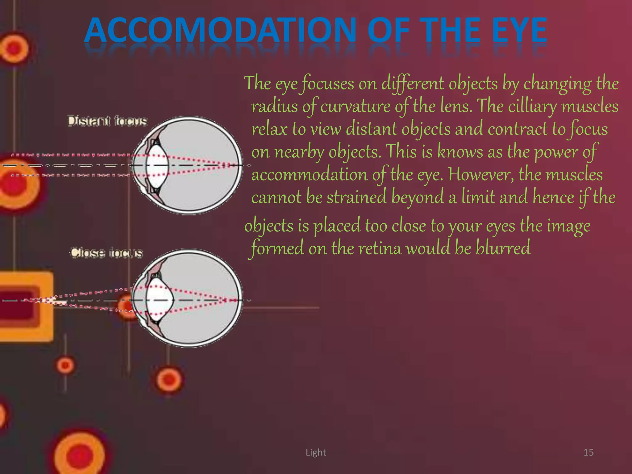 ACCOMODATION OF THE EYE
The eye focuses on different objects by changing the
radius of curvature of the lens. The cilliary muscles
relax to view distant objects and contract to focus
on nearby objects. This is knows as the power of
accommodation of the eye. However, the muscles
cannot be strained beyond a limit and hence if the
objects is placed too close to your eyes the image
formed on the retina would be blurred
Light 15
 
