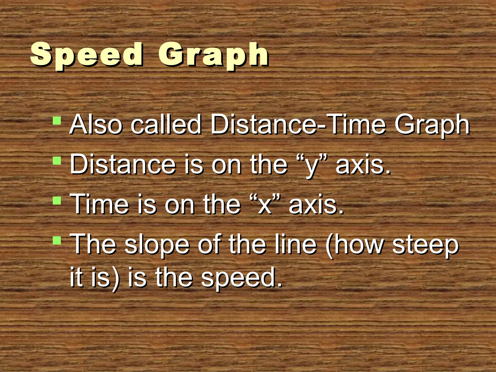 Speed GraphSpeed Graph
 Also called Distance-Time GraphAlso called Distance-Time Graph
 Distance is on the “y” axis.Distance is on the “y” axis.
 Time is on the “x” axis.Time is on the “x” axis.
 The slope of the line (how steepThe slope of the line (how steep
it is) is the speed.it is) is the speed.
 