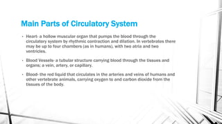 Main Parts of Circulatory System
• Heart- a hollow muscular organ that pumps the blood through the
circulatory system by rhythmic contraction and dilation. In vertebrates there
may be up to four chambers (as in humans), with two atria and two
ventricles.
• Blood Vessels- a tubular structure carrying blood through the tissues and
organs; a vein, artery, or capillary.
• Blood- the red liquid that circulates in the arteries and veins of humans and
other vertebrate animals, carrying oxygen to and carbon dioxide from the
tissues of the body.
 