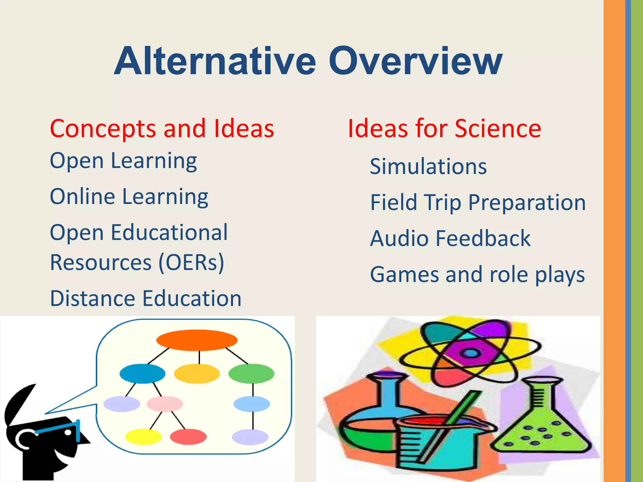 Alternative Overview
Concepts and Ideas   Ideas for Science
Open Learning         Simulations
Online Learning       Field Trip Preparation
Open Educational      Audio Feedback
Resources (OERs)      Games and role plays
Distance Education
 