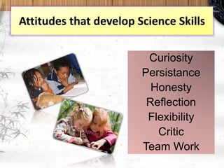 Attitudes that develop Science Skills
Curiosity
Persistance
Honesty
Reflection
Flexibility
Critic
Team Work
 