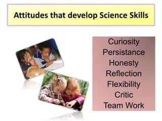 Attitudes that develop Science Skills
Curiosity
Persistance
Honesty
Reflection
Flexibility
Critic
Team Work
 