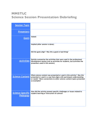 MMSTLC
Science Session Presentation Debriefing

  Session Topic

     Presenters

                   Stated:
          Goals

                   Implied (after session is done):



                   Did the goals align? Was this a good or bad thing?



                   Quickly summarize the activities that were used in the professional
      Activities   development session (not as activities for students, but activities the
                   presenters used in this session)




                   What science content was presented or used in this activity? Was this
Science Content    presented or used in a way that aligns with participant understanding
                   or needs? Were connections to other science content topics presented
                   as examples?




                   How did the activity present specific challenges or issues related to
Science Specific   student learning or instruction of science?
      Pedagogy
 