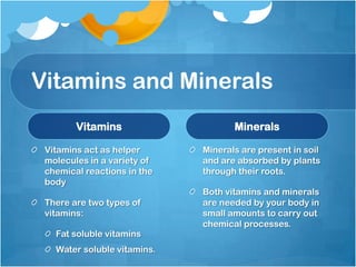 Vitamins and MineralsVitamins Vitamins act as helper molecules in a variety of chemical reactions in the bodyThere are two types of vitamins:Fat soluble vitaminsWater soluble vitamins.Minerals Minerals are present in soil and are absorbed by plants through their roots.Both vitamins and minerals are needed by your body in small amounts to carry out chemical processes.
