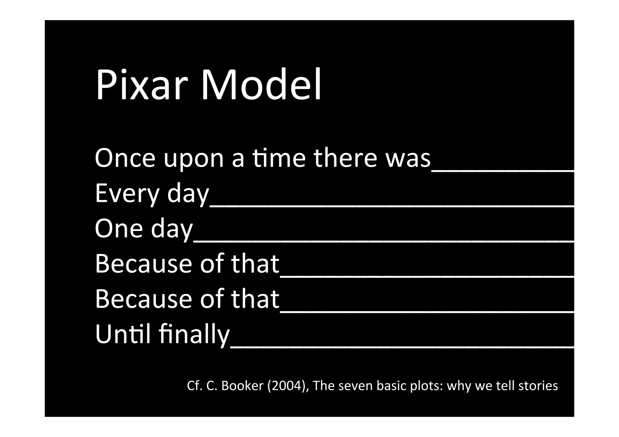 Once	upon	a	-me	there	was_____________
Every	day____________________________
One	day_____________________________	
Because	of	that_______________________	
Because	of	that_______________________	
Un-l	ﬁnally___________________________
	
Pixar	Model	
	
Cf.	C.	Booker	(2004),	The	seven	basic	plots:	why	we	tell	stories	
	
 