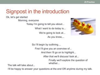 Signpost in the introduction 
25 Practice 
Ok, let‘s get started 
Morning, everyone 
Today I‘m going to tell you about... 
What I want to do today is... 
We‘re going to look at... 
As you know,... 
So I‘ll begin by outlining.... 
First I‘ll give you an overview of... 
And then I‘ll go on to highlight... 
After that we‘ll discuss/ look at... 
Finally we‘ll explore the question of 
whether... 
The talk will take about... 
I‘ll be happy to answer your questions at the end OR anytime during my talk. 
 
