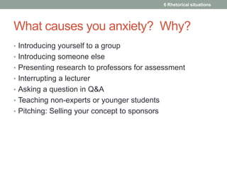 6 Rhetorical situations 
What causes you anxiety? Why? 
• Introducing yourself to a group 
• Introducing someone else 
• Presenting research to professors for assessment 
• Interrupting a lecturer 
• Asking a question in Q&A 
• Teaching non-experts or younger students 
• Pitching: Selling your concept to sponsors 
 