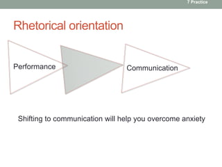 Rhetorical orientation 
Communication 
7 Practice 
Performance 
Shifting to communication will help you overcome anxiety 
 