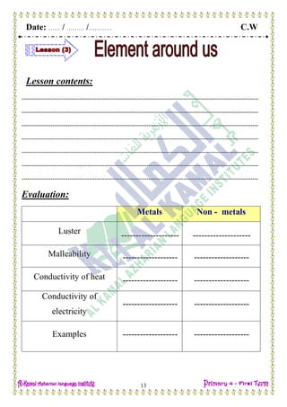 Date: …… / ……… /………… C.W
13
Lesson contents:
---------------------------------------------------------------------------------------------------------------------------
---------------------------------------------------------------------------------------------------------------------------
---------------------------------------------------------------------------------------------------------------------------
---------------------------------------------------------------------------------------------------------------------------
---------------------------------------------------------------------------------------------------------------------------
---------------------------------------------------------------------------------------------------------------------------
---------------------------------------------------------------------------------------------------------------------------
Evaluation:
Metals Non - metals
Luster -------------------- --------------------
Malleability ------------------- -------------------
Conductivity of heat ------------------- -------------------
Conductivity of
electricity
------------------- -------------------
Examples ------------------- -------------------
 