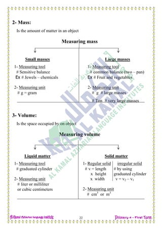 H.W
22
2- Mass:
Is the amount of matter in an object
Measuring mass
3- Volume:
Is the space occupied by on object
Measuring volume
Small masses
1- Measuring tool
 Sensitive balance
Ex  Jewels – chemicals
2- Measuring unit
 g = gram
Large masses
1- Measuring tool
 common balance (two – pan)
Ex  Fruit and vegetables
2- Measuring unit
 g  large masses
 Ton  very large masses
Liquid matter
1- Measuring tool
 graduated cylinder
2- Measuring unit
 liter or milliliter
or cubic centimeters
Solid matter
1- Regular solid irregular solid
 v = length  by using
x height graduated cylinder
x width v = v2 – v1
2- Measuring unit
 cm3
or m3
 