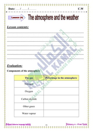 Date: …… / ……… /………… C.W
51
Lesson contents:
---------------------------------------------------------------------------------------------------------------------------
---------------------------------------------------------------------------------------------------------------------------
---------------------------------------------------------------------------------------------------------------------------
---------------------------------------------------------------------------------------------------------------------------
---------------------------------------------------------------------------------------------------------------------------
---------------------------------------------------------------------------------------------------------------------------
---------------------------------------------------------------------------------------------------------------------------
Evaluation:
Components of the atmosphere
The gas Percentage in the atmosphere
Nitrogen
Oxygen
Carbon dioxide
Other gases
Water vapour
 