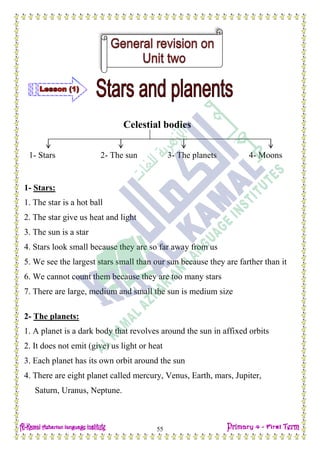 Date: …… / ……… /………… C.W
55
Celestial bodies
1- Stars 2- The sun 3- The planets 4- Moons
1- Stars:
1. The star is a hot ball
2. The star give us heat and light
3. The sun is a star
4. Stars look small because they are so far away from us
5. We see the largest stars small than our sun because they are farther than it
6. We cannot count them because they are too many stars
7. There are large, medium and small the sun is medium size
2- The planets:
1. A planet is a dark body that revolves around the sun in affixed orbits
2. It does not emit (give) us light or heat
3. Each planet has its own orbit around the sun
4. There are eight planet called mercury, Venus, Earth, mars, Jupiter,
Saturn, Uranus, Neptune.
 