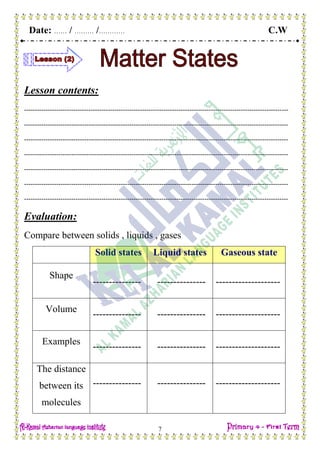 Date: …… / ……… /………… C.W
7
Lesson contents:
---------------------------------------------------------------------------------------------------------------------------
---------------------------------------------------------------------------------------------------------------------------
---------------------------------------------------------------------------------------------------------------------------
---------------------------------------------------------------------------------------------------------------------------
---------------------------------------------------------------------------------------------------------------------------
---------------------------------------------------------------------------------------------------------------------------
---------------------------------------------------------------------------------------------------------------------------
Evaluation:
Compare between solids , liquids , gases
Solid states Liquid states Gaseous state
Shape
--------------- --------------- --------------------
Volume
--------------- --------------- --------------------
Examples
--------------- --------------- --------------------
The distance
between its
molecules
--------------- --------------- --------------------
 
