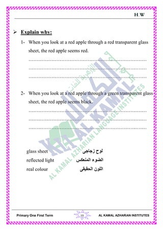 10Primary One First Term AL KAMAL AZHARIAN INSTITUTES
H.W
 Explain why:
1- When you look at a red apple through a red transparent glass
sheet, the red apple seems red.
………………………………………………………………
………………………………………………………………
………………………………………………………………
2- When you look at a red apple through a green transparent glass
sheet, the red apple seems black.
………………………………………………………………
………………………………………………………………
………………………………………………………………
glass sheet ‫زجاجى‬ ‫لوح‬
reflected light ‫المنعكس‬ ‫الضوء‬
real colour ‫الحقيقى‬ ‫اللون‬
 