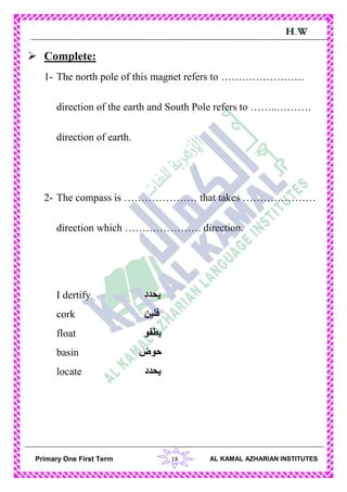 18Primary One First Term AL KAMAL AZHARIAN INSTITUTES
H.W
 Complete:
1- The north pole of this magnet refers to ……………………
direction of the earth and South Pole refers to ……..……….
direction of earth.
2- The compass is ………………… that takes …………………
direction which …………………. direction.
I dertify ‫يحدد‬
cork ‫فلين‬
float ‫يطفو‬
basin ‫حوض‬
locate ‫يح‬‫دد‬
 