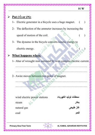 24Primary One First Term AL KAMAL AZHARIAN INSTITUTES
H.W
 Put () or (×):
1- Electric generator in a bicycle uses a huge magnet. ( )
2- The deflection of the ammeter increases by increasing the
speed of motion of the coil. ( )
3- The dynamo in the bicycle converts kinetic energy to
electric energy. ( )
 What happens when:
1- Abar of wrought iron surround by wire contains electric current.
…………………………………………………………………
…………………………………………………………………
2- Awire moves between-two poles of magnet.
…………………………………………………………………
…………………………………………………………………
wind electric power stations ‫الكهرباء‬ ‫توليد‬ ‫محطات‬
steam ‫بخار‬
natural gas ‫طبيعى‬ ‫غاز‬
coal ‫فحم‬
 