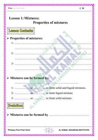 27
C.WDate: -- / -- / ----
AL KAMAL AZHARIAN INSTITUTESPrimary Five First Term
Lesson 1:Mixtures:
Properties of mixtures
 Properties of mixtures:
1- ……………………………………………………………………
……………………………………………………………………
2- ……………………………………………………………………
……………………………………………………………………
3- ……………………………………………………………………
……………………………………………………………………
 Mixtures can be formed by:
………………… , ………………… , ………………
1- …………… or ………… to form solid and liquid mixtures.
2- …………… or ………… to form liquid mixture.
3- …………… or ………… to form solid mixture.
 Mixtures can be formed by ………… , ………… , …………
 