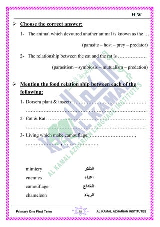 38Primary One First Term AL KAMAL AZHARIAN INSTITUTES
H.W
 Choose the correct answer:
1- The animal which devoured another animal is known as the …
(parasite – host – prey – predator)
2- The relationship between the cat and the rat is ………………
(parasitism – symbiosis – mutualism – predation)
 Mention the food relation ship between each of the
following:
1- Dorsera plant & insects: ………………………………………
…………………………………………………………………
2- Cat & Rat: ……………………………………………….……
…………………………………………………………..…….
3- Living which make camouflage: ……………………… ,
………………… , …………….……
mimicry ‫التنكر‬
enemies ‫اعداء‬
camouflage ‫الخداع‬
chameleon ‫الرياء‬
 